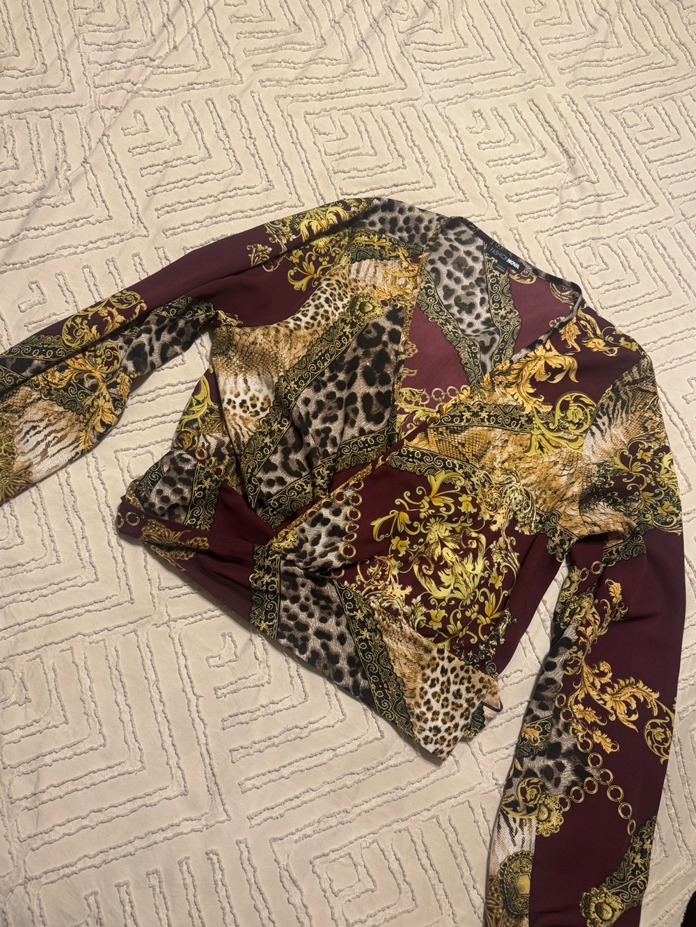 Fashion Nova Burgundy & Gold Mixed Print Long Sleeve Blouse